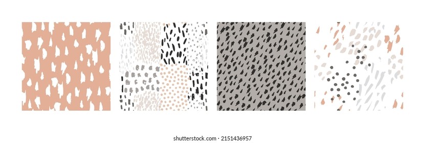 Hand drawn brush strokes seamless pattern set. Abstract hand painted dots, spots, dashes, lines background. Minimal art for wallpaper design, monochrome fabric, textile print. Vector confetti texture