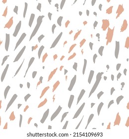Hand drawn brush strokes seamless pattern. Abstract hand painted dots, spots, dashes, lines on white background. Minimal wallpaper design, nursery fabric, textile print. Vector texture