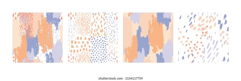 Hand drawn brush strokes seamless pattern set. Abstract hand painted dots, spots, dashes, lines background. Minimal art for wallpaper design, monochrome fabric, textile print. Vector confetti texture