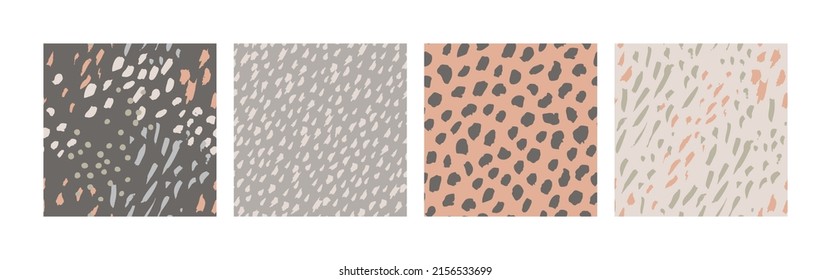 Hand drawn brush strokes seamless pattern set. Abstract hand painted dots, spots, dashes, lines background. Minimal art for wallpaper design, nursery fabric, textile print. Vector textured collection