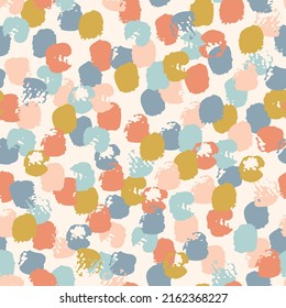 Los trazos de pincel dibujados a mano son un patrón sin fisuras. Patrón de puntos de polka. Resumen de pinturas, puntos, puntos, manchas, fondo de círculo. Diseño minimo de papel pintado, tela, impresión textil. Textura vectorial de confección