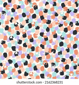 Hand drawn brush strokes seamless pattern. Polka Dot Pattern. Abstract stroke of paint, dots, spots, stain, circle background. Minimal wallpaper design, fabric, textile print. Vector confetti texture
