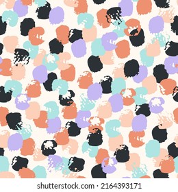 Hand drawn brush strokes seamless pattern. Polka Dot Pattern. Abstract stroke of paint, dots, spots, stain, circle background. Minimal wallpaper design, fabric, textile print. Vector confetti texture