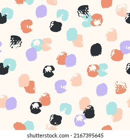 Hand drawn brush strokes seamless pattern. Polka Dot Pattern. Abstract stroke of paint, dots, spots, stain, circle background. Minimal wallpaper design, fabric, textile print. Vector confetti texture