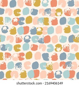 Hand drawn brush strokes seamless pattern. Abstract stroke of paint, dots, spots, stain, circle in row background. Minimal wallpaper design, fabric, textile, mosaic print. Vector grunge texture