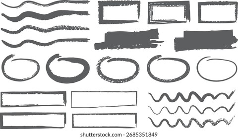 Hand drawn brush strokes set. Chalk and crayon style sketch lines, circles and abstract shapes in rough freehand texture. Vector illustration of doodle marker stroke elements
