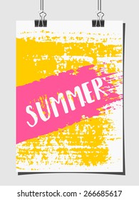 Hand drawn brush strokes summer sales poster design. Bright yellow, pink and white color palette. Modern poster design mock-up with paper clips.