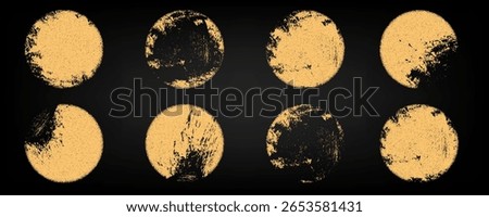Hand drawn brush sun or moon rough set isolated on black background. Yellow grunge circle stamp set. Vector round ink texture badges