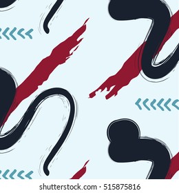 Hand drawn brush textures in black, red, blue. Abstract repeating background. Simple excoriation hipster pattern. Fancy splash