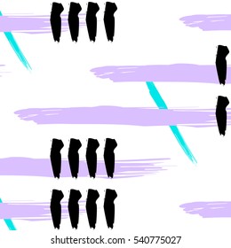 Hand drawn brush textures in violet, blue. Abstract repeating boho background. Simple music hipster pattern. Fancy splash print