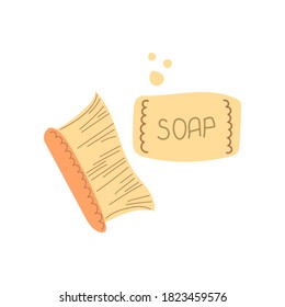 Hand drawn brush for washing dishes, cleaning the house and bathroom and soap. Environmentally friendly product, nature conservation, zero waste concept . Flat illustration.