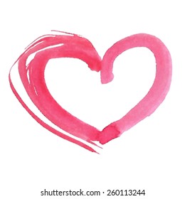 Hand drawn brush watercolor pink isolated heart on white background. Vector romantic paint illustration for valentine's day, eps10. Decorative sketched icon for design, greeting card, scrapbook, print