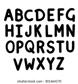 Hand drawn brushed alphabet, black font, letters. Handwritten. Isolated on white background