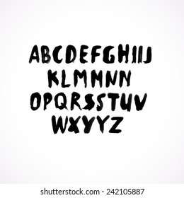 Hand drawn with brushed strokes and paint grunge sans serif font. Vector custom doodle typeface with capital and uppercase letters