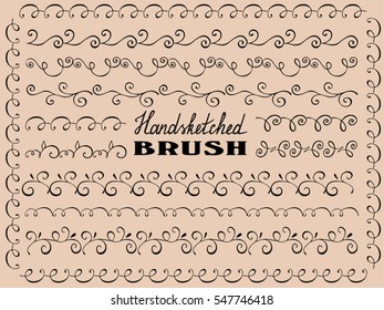 Hand drawn brushes. Decor set. Doodles border, brushes, hearts elements. For design templates,invitations,menu. For holidays,baby design.Vector