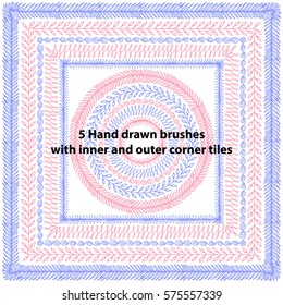 Hand drawn brushes with inner and outer corner tiles. vector brushes for round and square frames and borders