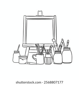 Hand drawn Brushes, paints, color pencil, easel elements Coloring book. Coloring Page for adults and kids