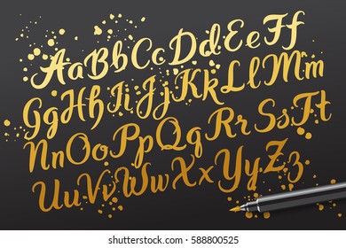 Hand drawn brushpen alphabet letters. Handwritten script font. Hand lettering custom typography with pen