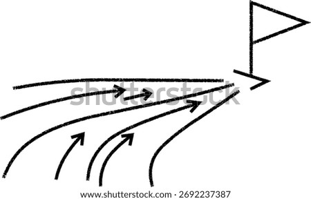 Hand Drawn Brushstroke Converging Arrows to Goal Flag Vector