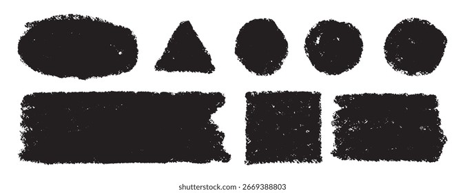 handgezeichnete Textfelder mit Pinselstrich. dicke Vektorlinien. Raues farbiges Rechteck, Kreis, quadratische Maltextur. Textfeld "Freihandrechteck skizzieren". Vektorgrafik