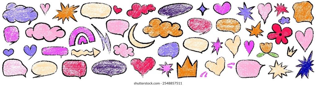 Dibujado a mano burbuja, nube y corazón garabato conjunto de crayón. Squiggle, rasca la figura del niño del doodle aislado. Crayón rasguño textura forma niños ingenuos. Ilustración vectorial