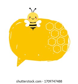 Hand drawn bubble speech with abstract honey comb and flying bee isolated on white background vector illustration. Cute cartoon character. 