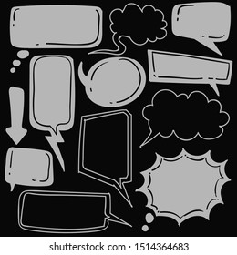 hand drawn bubble speech in doodle style isolated on black background, Vector hand drawn set bubble speech theme. Vector illustration