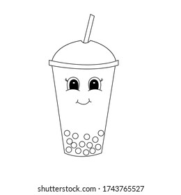 Hand drawn bubble tea, of black contour isolated on white background. Design element for coloring book. Vector. 