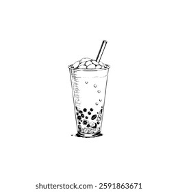 Hand drawn bubble tea boba vintage illustration. Engraving style black and white on white backgrounds. Vector