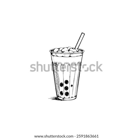 Hand drawn bubble tea boba vintage illustration. Engraving style black and white on white backgrounds. Vector