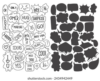 Hand Drawn Bubbles Speech. Doodle Style Comic Balloon, Cloud Shaped Design Elements
