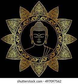 Hand drawn Buddha head with floral decoration. Sign for tattoo, textile print, mascots and amulets. Gold and black symbol.