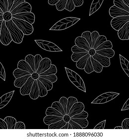 Hand drawn buds of chamomile with leaves on black background. Seamless floral pattern. Suitable  packaging, textile, wallpaper.