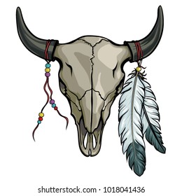 Hand drawn buffalo skull with feather. Native American bull skeleton vector illustration.