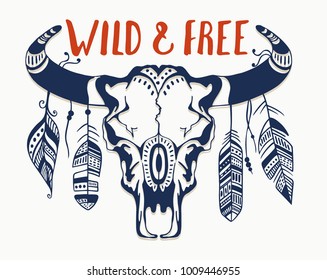 Hand drawn buffalo skull with feathers. T-shirt print or tatoo vector