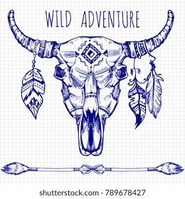 Hand drawn buffalo skull with feathers and arrows - wild adventures poster design. Buffalo skull drawing art, indian, ethnic element. Vector illustration