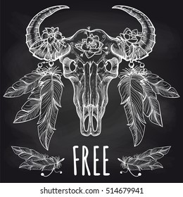 Hand drawn buffalo skull with flower and feather headdress and lettering free. Vector illustration