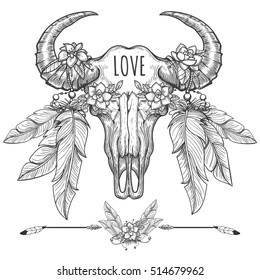 Hand drawn buffalo skull with flowers and feathers. T-shirt print or tatoo vector