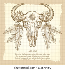 Hand drawn buffalo skull with native american feather headdress vintage poster. Vector illustration