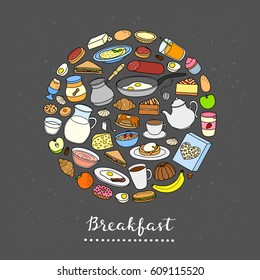 Hand drawn buffet style breakfast dishes including eggs, pancakes, beverages, fruits, sandwiches, cereals and yogurt composed in circle shape.
