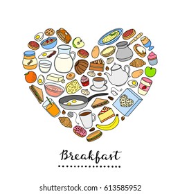 Hand drawn buffet style breakfast dishes including eggs, pancakes, beverages, fruits, sandwiches, cereals and yogurt composed in heart shape.
