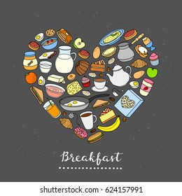Hand drawn buffet style breakfast dishes including eggs, pancakes, beverages, fruits, sandwiches, cereals and yogurt composed in heart shape.