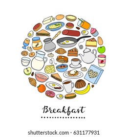 Hand drawn buffet style breakfast dishes including eggs, pancakes, beverages, fruits, sandwiches, cereals and yogurt composed in circle shape.
