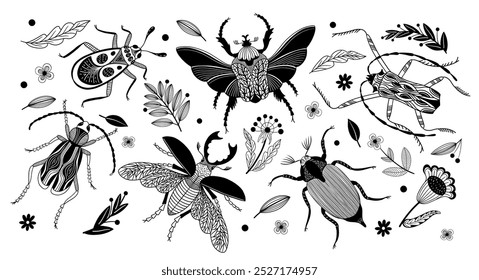 Hand Drawn bugs and beetles with flowers and leaf.