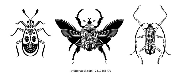 Conjunto de bichos dibujados a mano. Ilustración vectorial de insectos