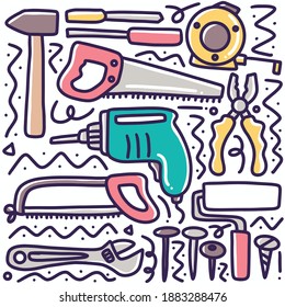 hand drawn builder equipment doodle set with icons and design elements