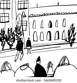 Hand drawn building illustration for your design. Street view