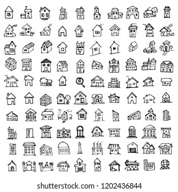 Hand drawn building and real estate on bold and thin line icons concept doodles set. Sketch style icons. Home isolated on white background. Flat design. Vector illustration.