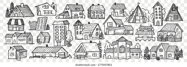 Hand drawn buildings doodle set. Collection of pencil chalk drawing sketches different city or village houses isolated on transparent background. Architecture real estate illustration.