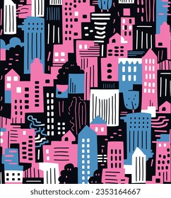 Hand Drawn Buildings Seamless Pattern, in the Style of Playful Shapes, Light Pink and Dark Cyan, Minimalist Black and White, Moyoco Anno, Bold Strokes, Lively Tableaus